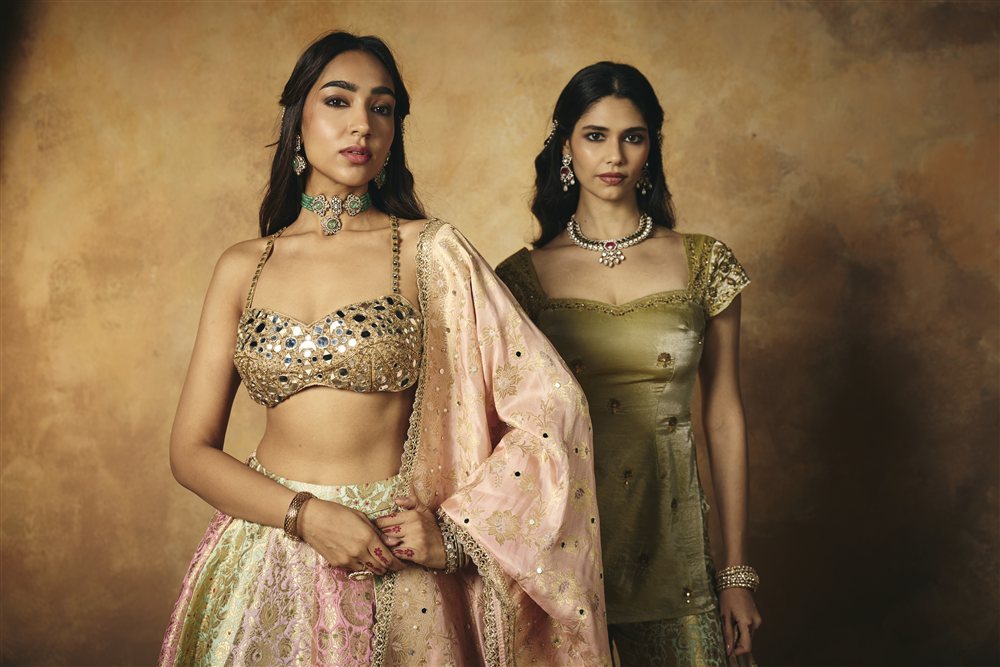 Ushasi Banarasi Brocade Kali Lehenga and Mirror Blouse Set