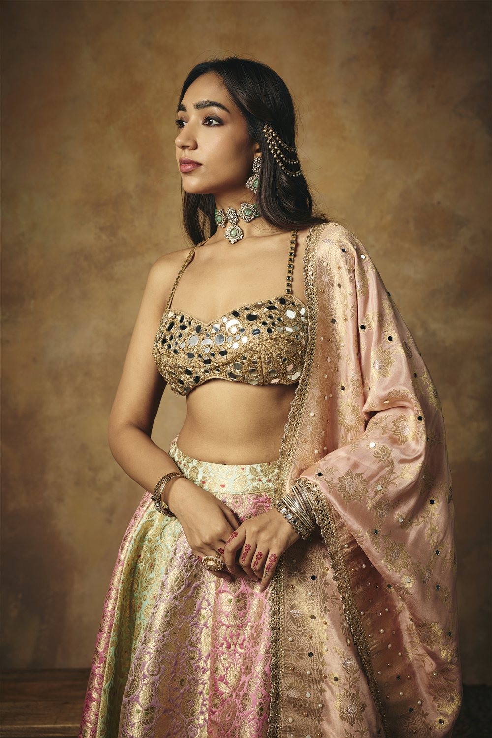 Ushasi Banarasi Brocade Kali Lehenga and Mirror Blouse Set