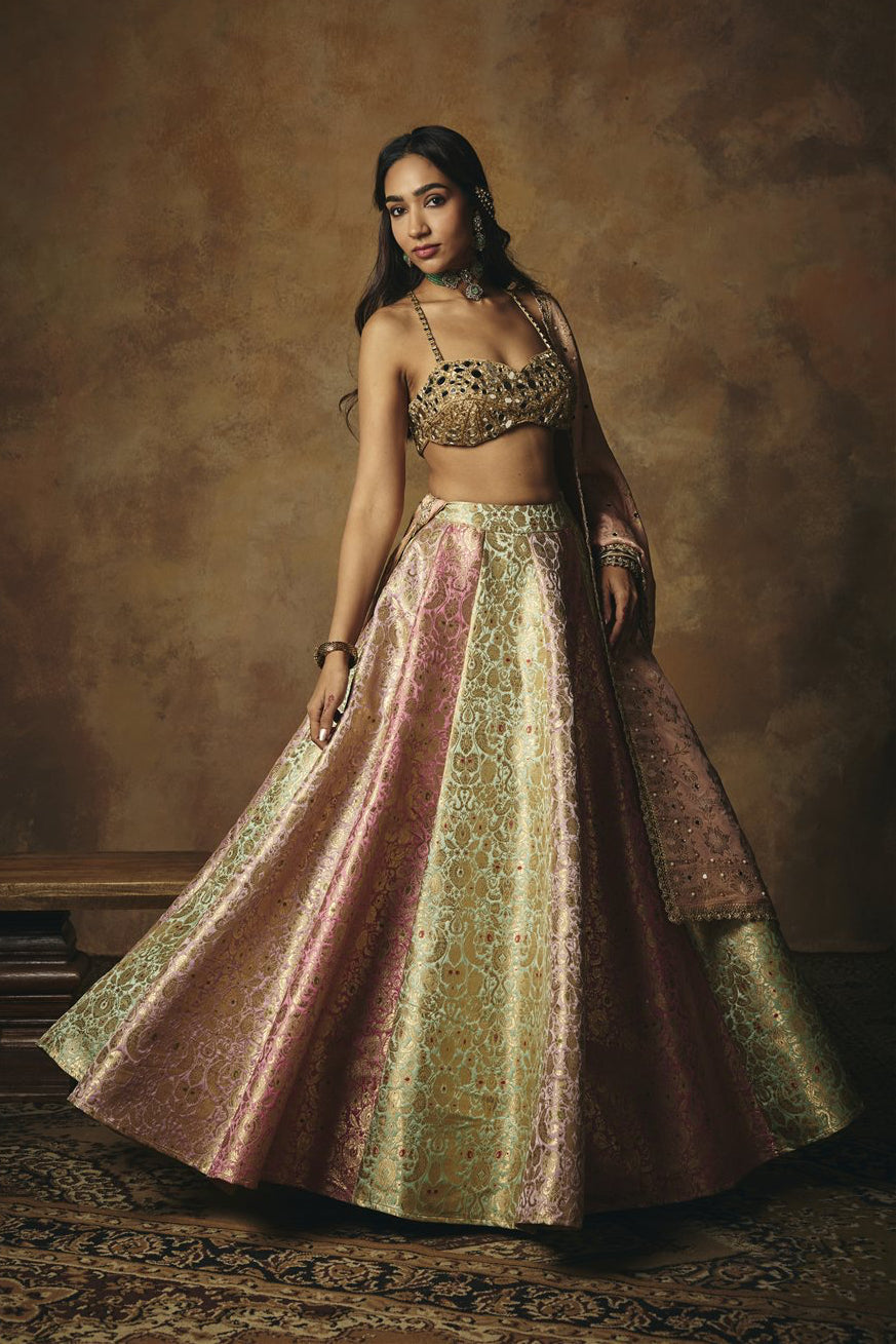 Ushasi Banarasi Brocade Kali Lehenga and Mirror Blouse Set