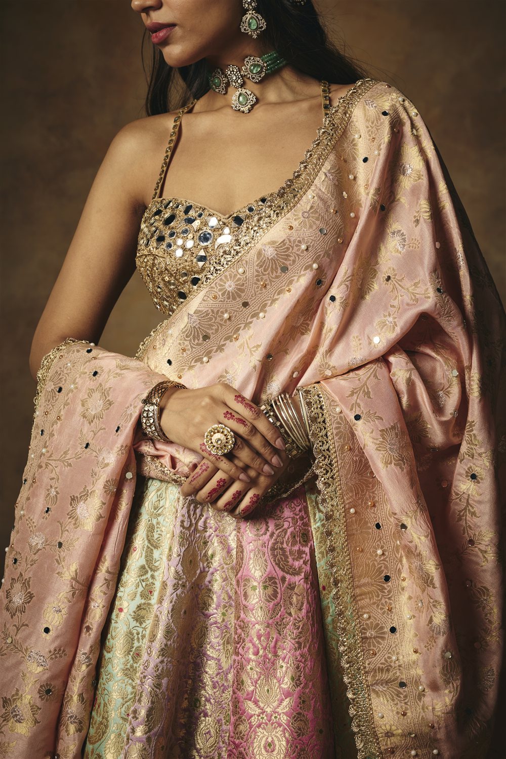 Ushasi Banarasi Brocade Kali Lehenga and Mirror Blouse Set