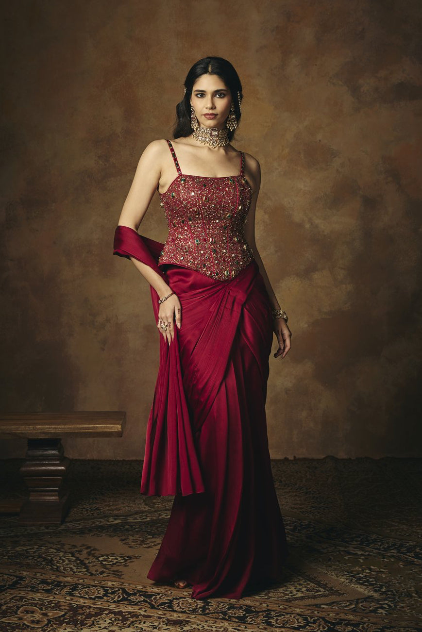 Lohita Burgundy Pre Draped Embroidered Corset Saree Set