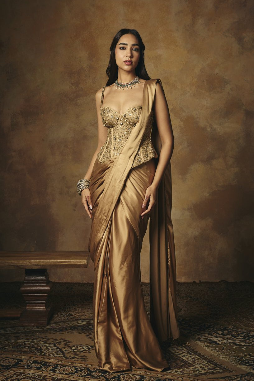 Padmini Golden Hand Embroidered Pre-Draped Corset Saree Set