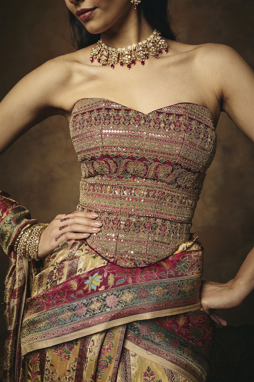 Vasundhara Burgundy Embroidered Corset Blouse