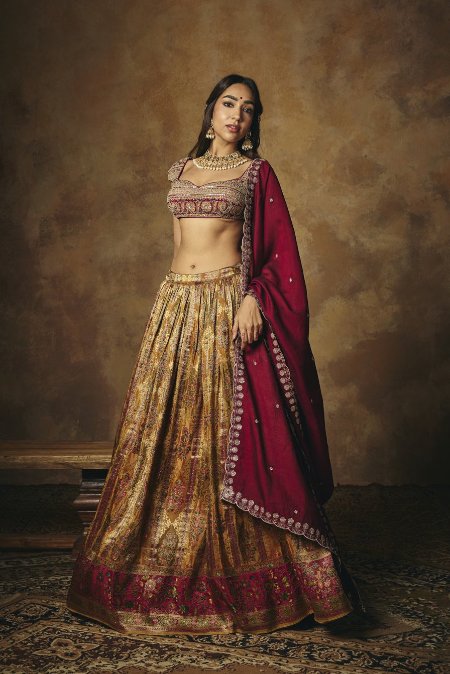 Amaira Mustard and Burgundy Banarasi Tissue Lehenga Set