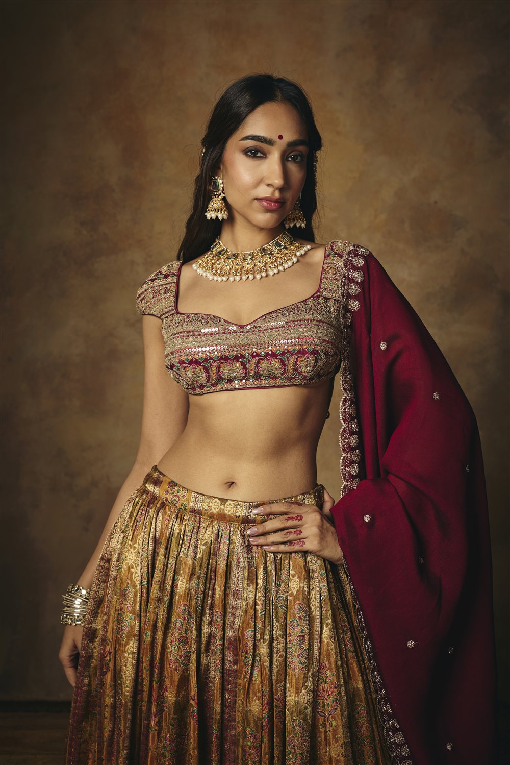 Amaira Mustard and Burgundy Banarasi Tissue Lehenga Set