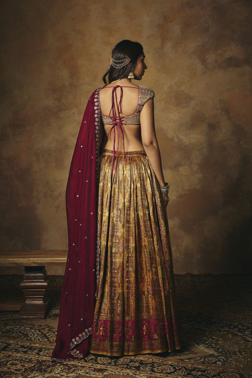 Amaira Mustard and Burgundy Banarasi Tissue Lehenga Set