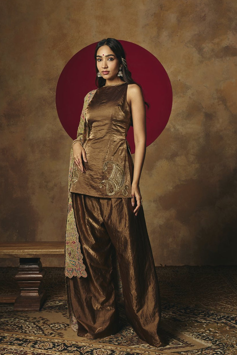 Pallavi Bronze Embroidered Salwar Suit Set with Contrast Dupatta