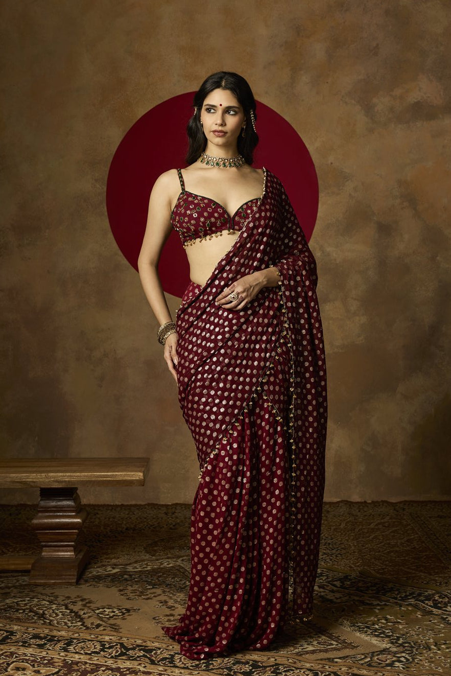 Revya Burgundy Banarasi Pre-Draped Embroidered Saree Set