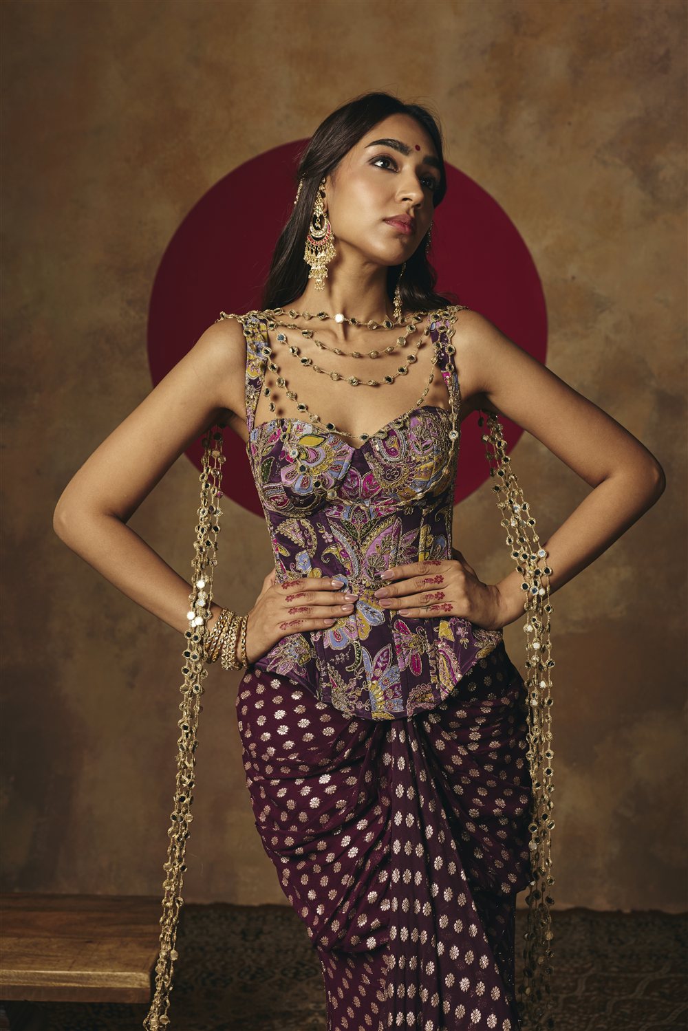 Poorva Purple Embroidered Corset Top & Draped Skirt Set