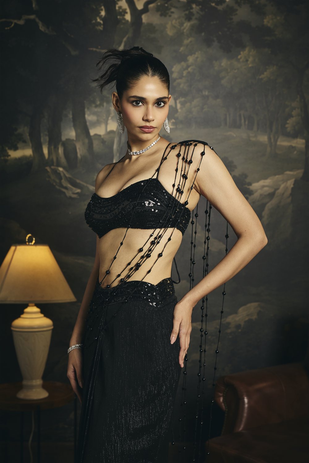 Nyra Black Embroidered Tassel Pre-Draped Saree Set