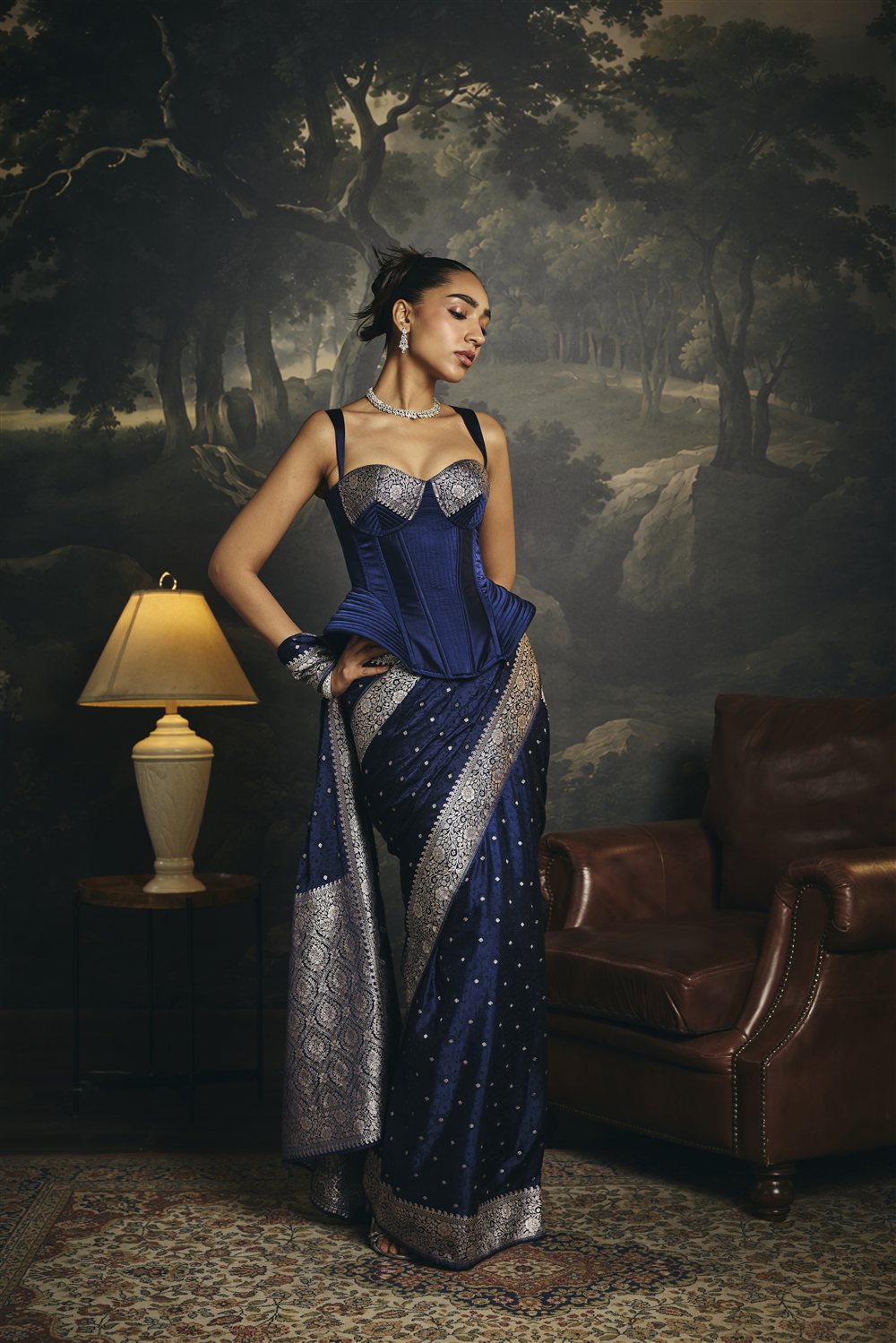 Zaria Midnight Blue Mashru Banarasi Silk Corset Saree Set