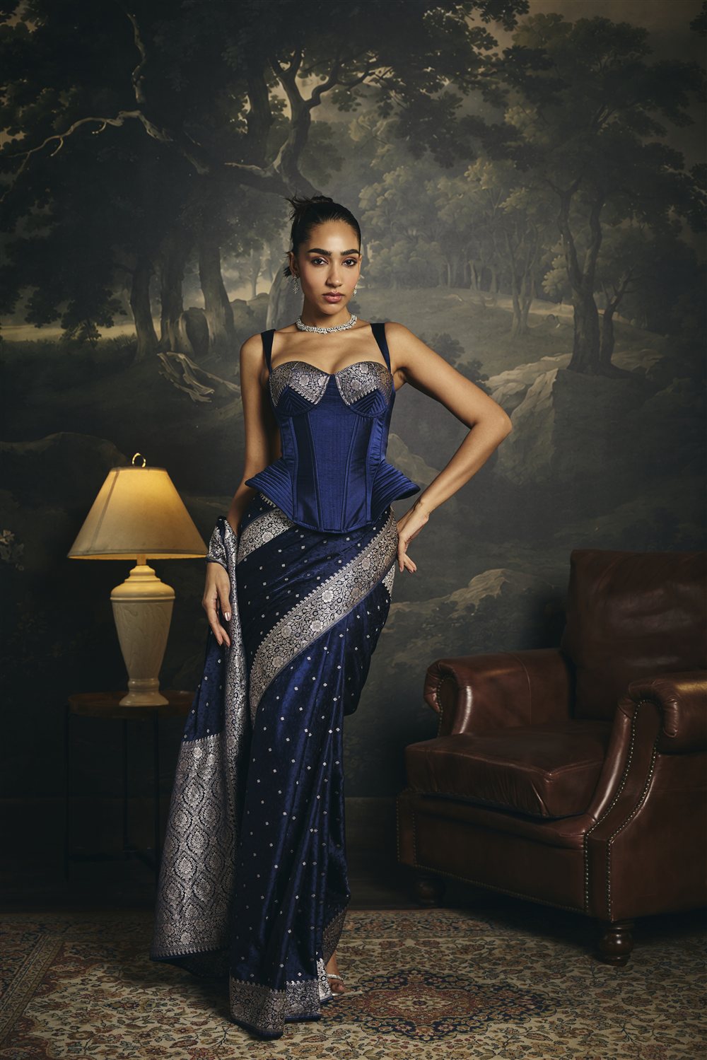 Zaria Midnight Blue Mashru Banarasi Silk Corset Saree Set