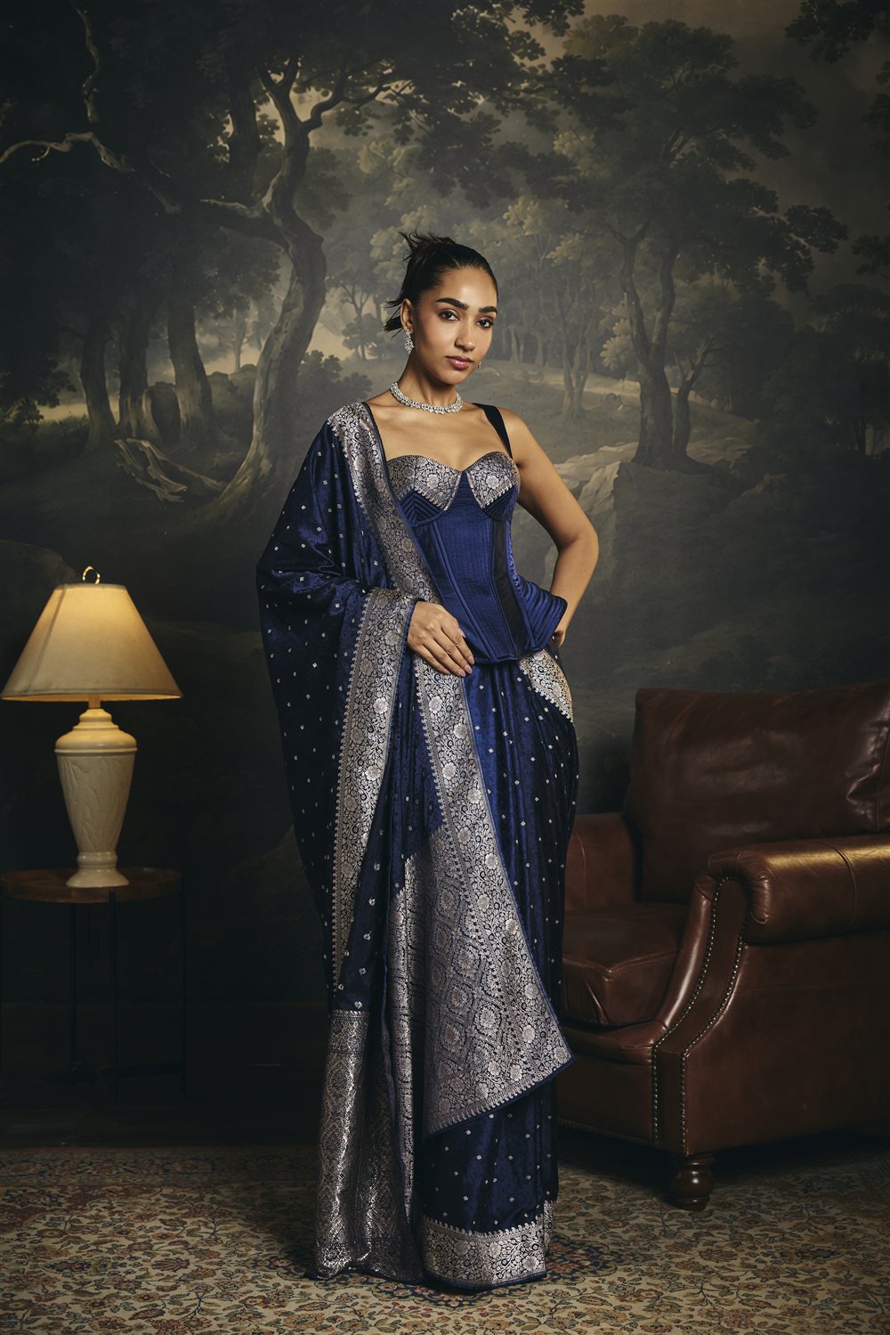 Zaria Midnight Blue Mashru Banarasi Silk Corset Saree Set