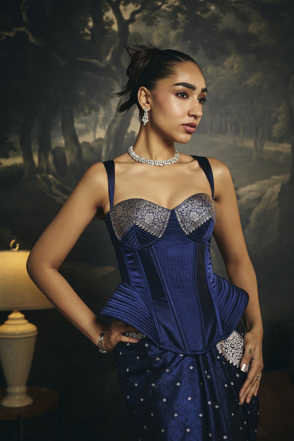 Zaria Midnight Blue Mashru Banarasi Silk Corset Saree Set