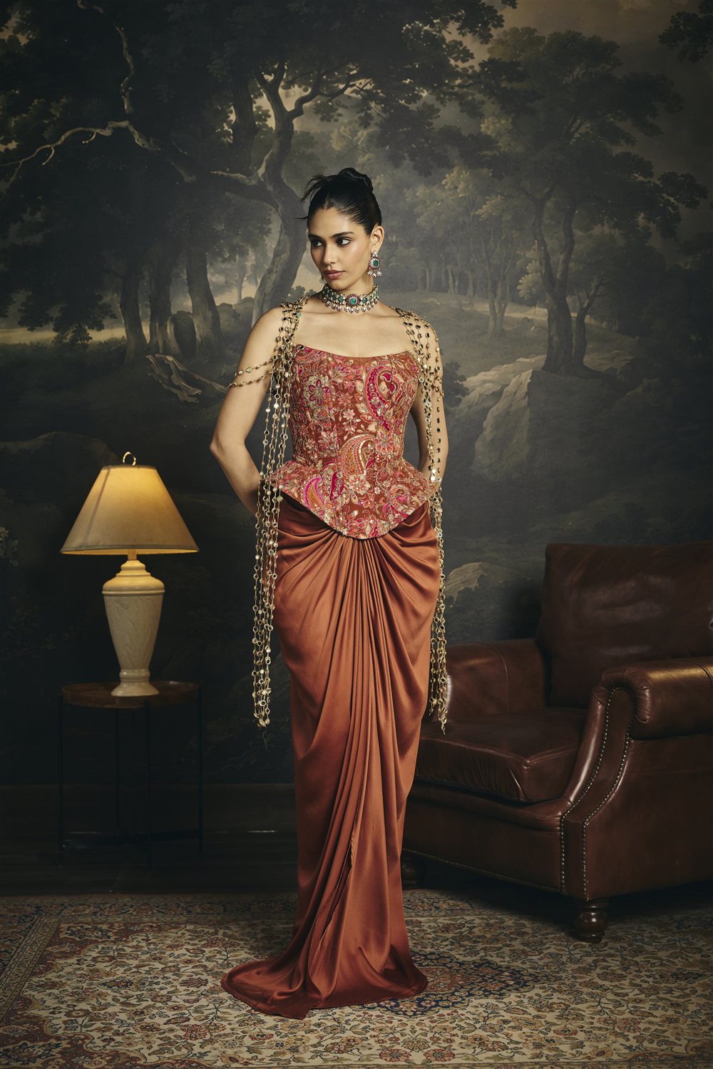 Ragini Rust Orange Corset and Drape Skirt Set