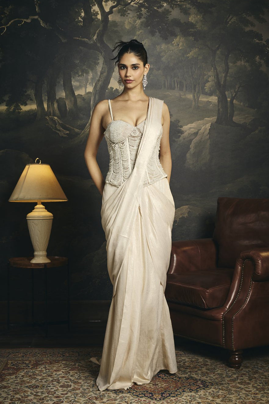 Mrinmayi White Pearl Hand Embroidered Pre-Draped Corset Saree Set