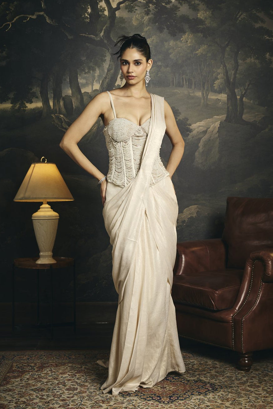 Mrinmayi White Pearl Hand Embroidered Pre-Draped Corset Saree Set