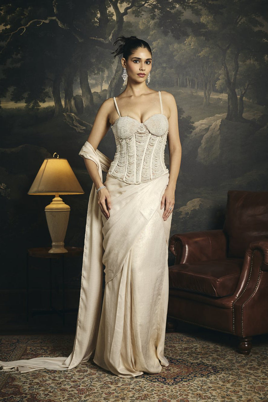 Mrinmayi White Pearl Hand Embroidered Pre-Draped Corset Saree Set