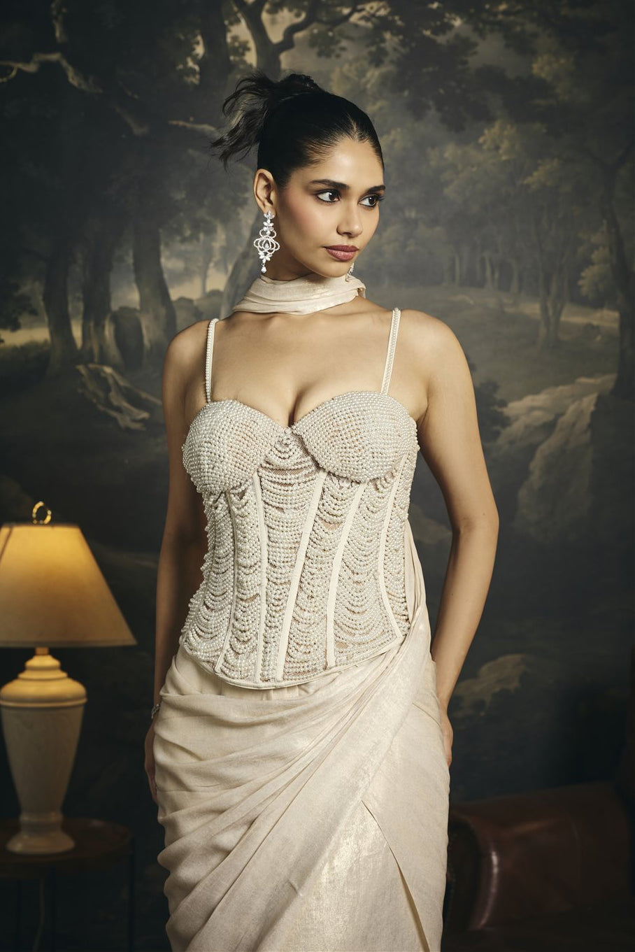 Mrinmayi White Pearl Hand Embroidered Pre-Draped Corset Saree Set