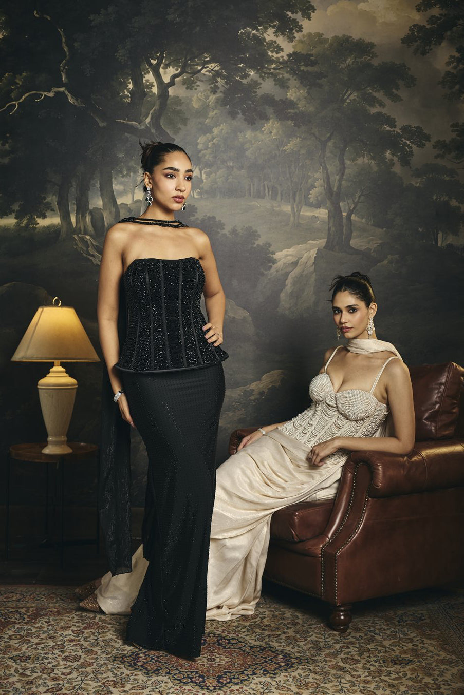 Ruhani Black Hand Embroidered Rhinestone Corset Skirt Set