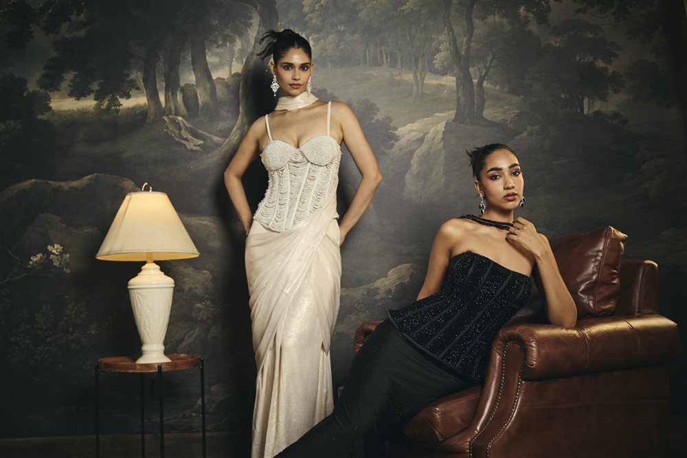 Mrinmayi White Pearl Hand Embroidered Pre-Draped Corset Saree Set