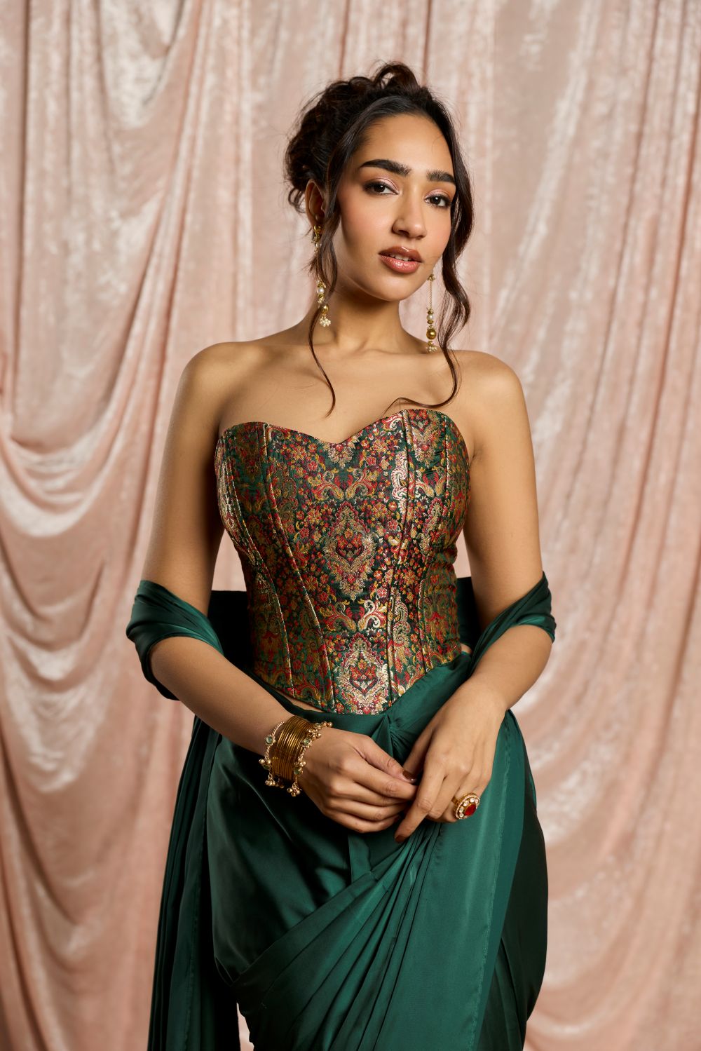 Hansika Emerald Brocade Corset Draped Saree Set