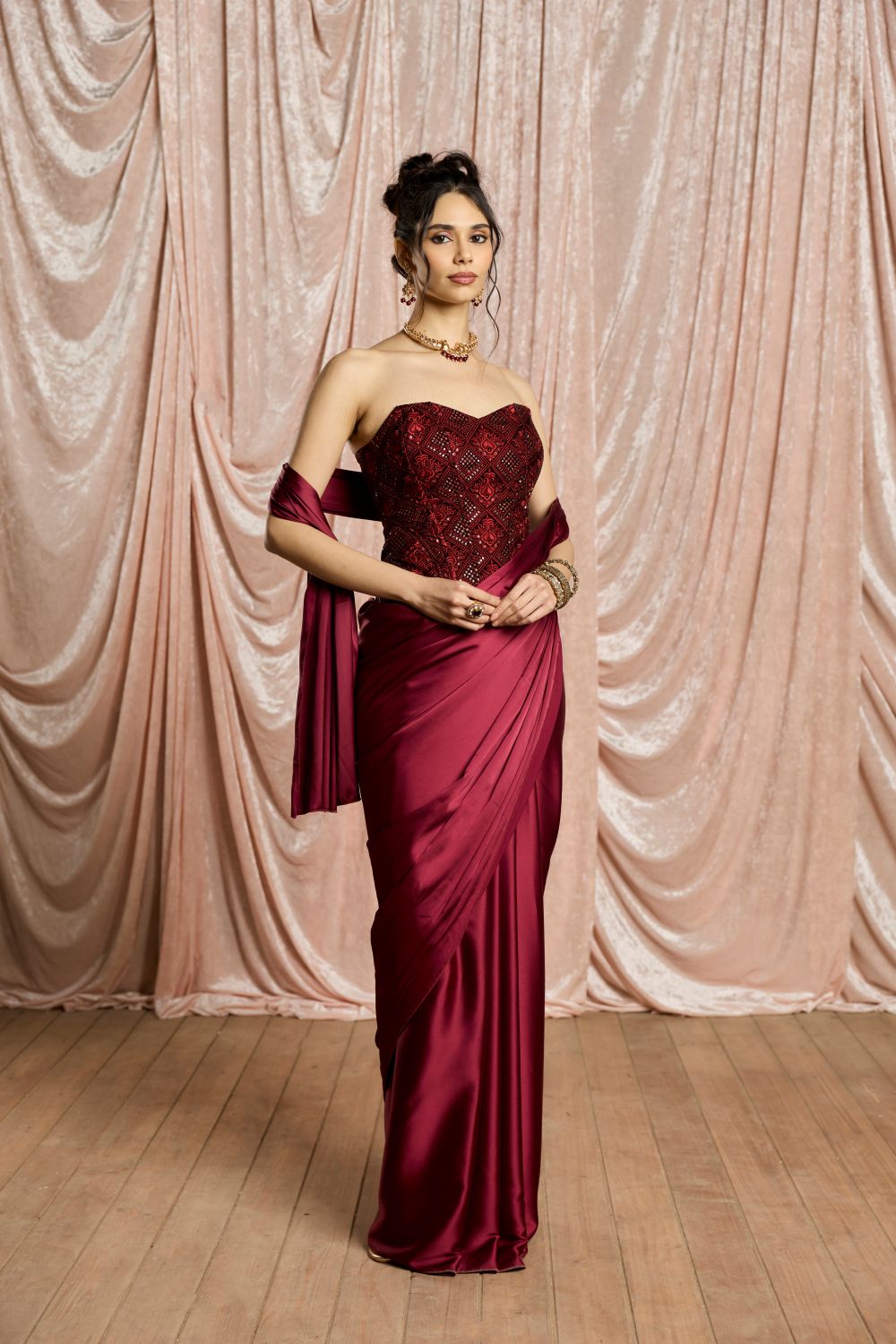 Zaafira Burgundy Embroidered Velvet Corset