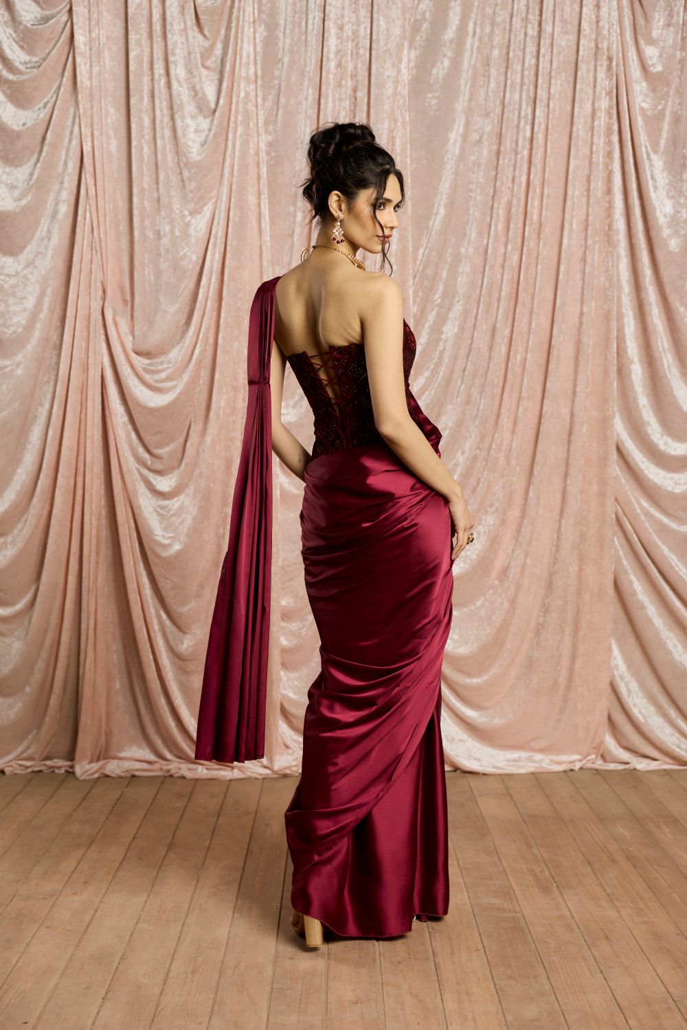 Zaafira Burgundy Embroidered Velvet Corset