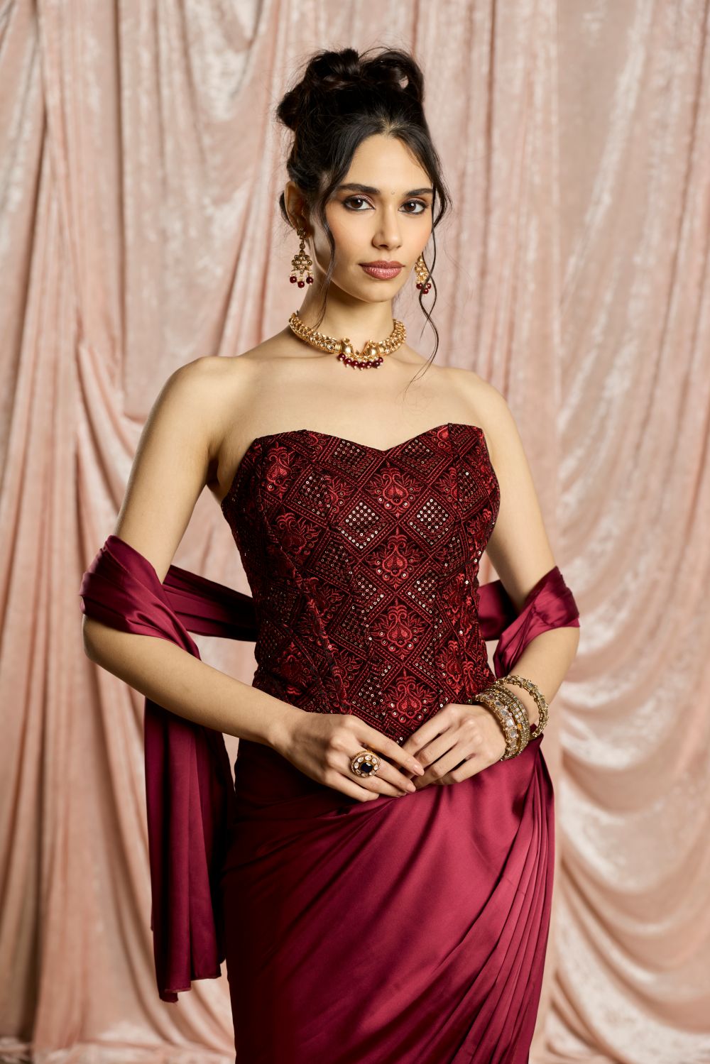 Zaafira Burgundy Embroidered Velvet Corset