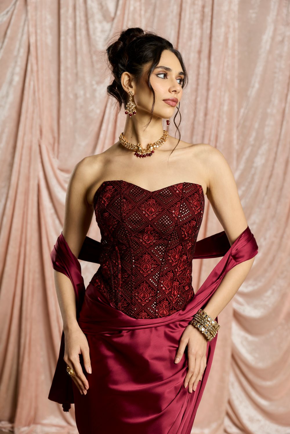 Zaafira Burgundy Embroidered Velvet Corset