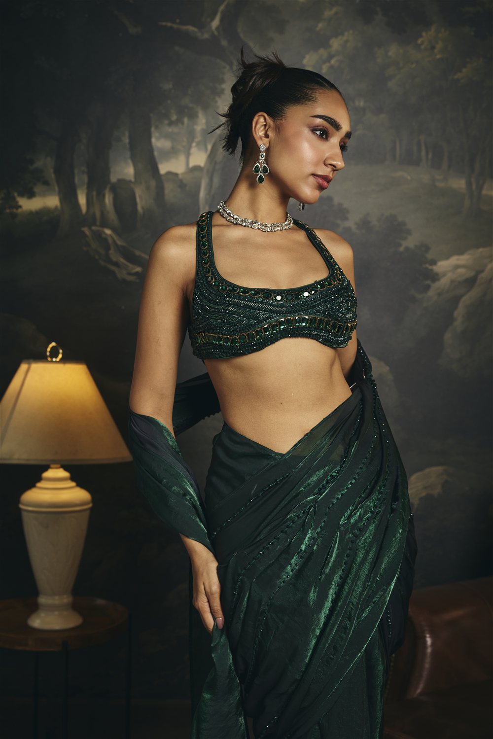 Kadambari Emerald Green Hand Embroidered Saree Set