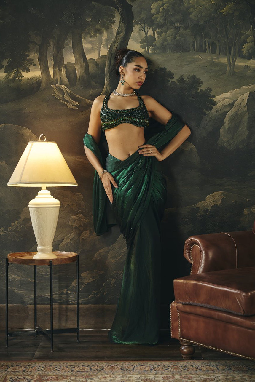Kadambari Emerald Green Hand Embroidered Saree Set