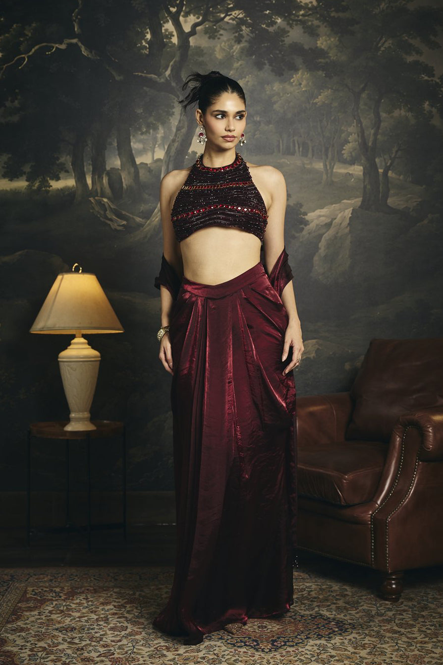 Ahaana Burgundy Blouse and Drape Skirt Set