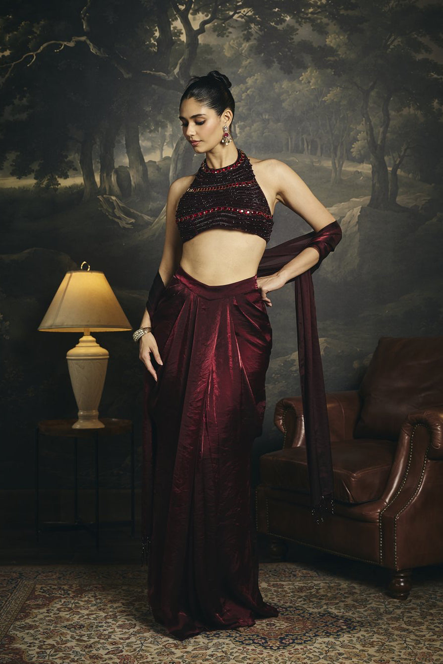 Ahaana Burgundy Blouse and Drape Skirt Set