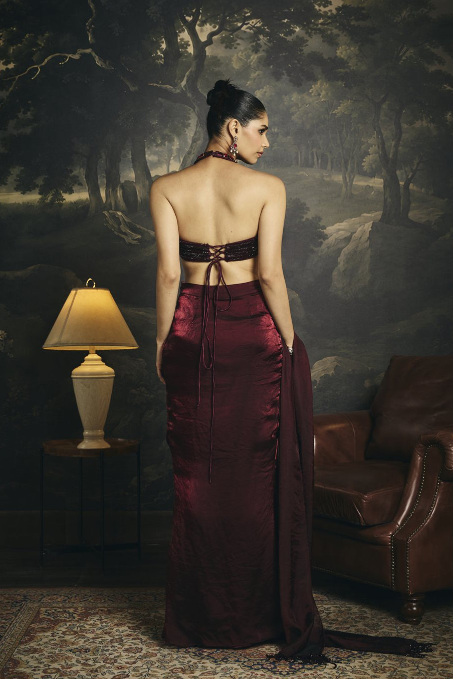 Ahaana Burgundy Blouse and Drape Skirt Set