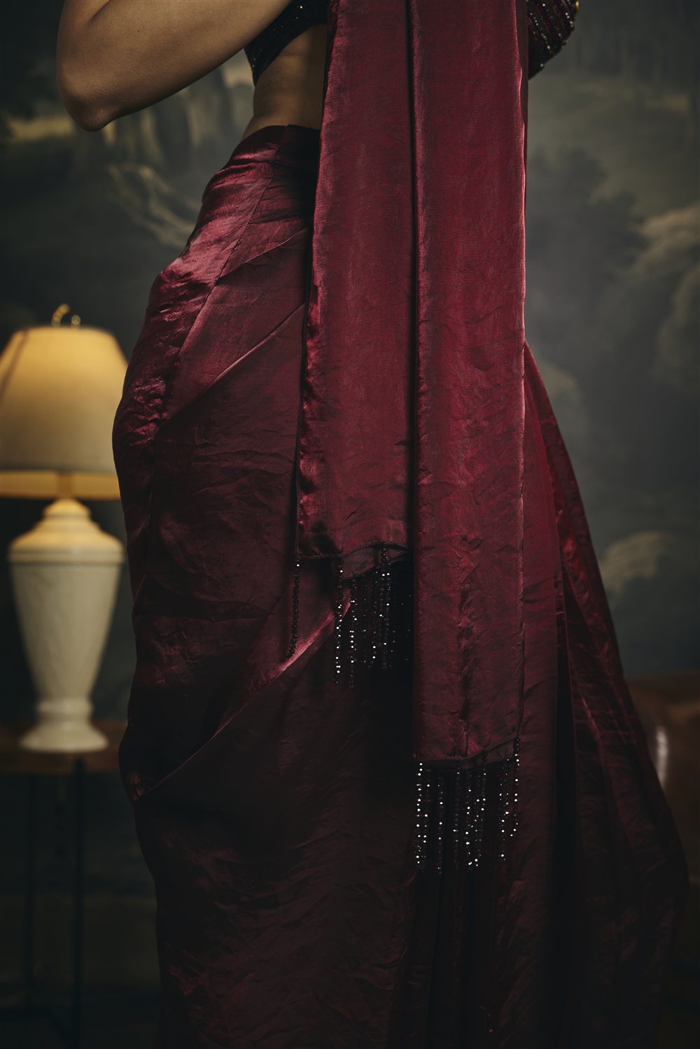 Ahaana Burgundy Blouse and Drape Skirt Set