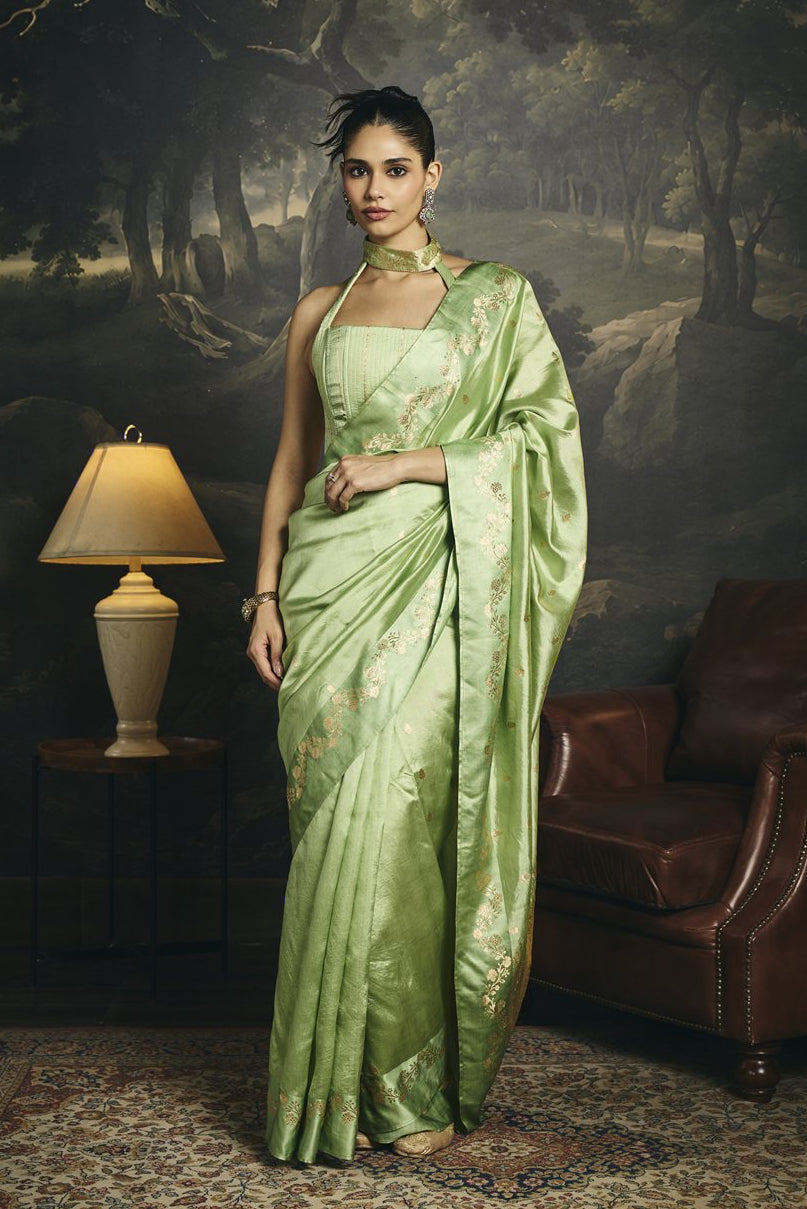 Pallavi Sage Green Raw Mango Banarasi Silk Corset Saree Set