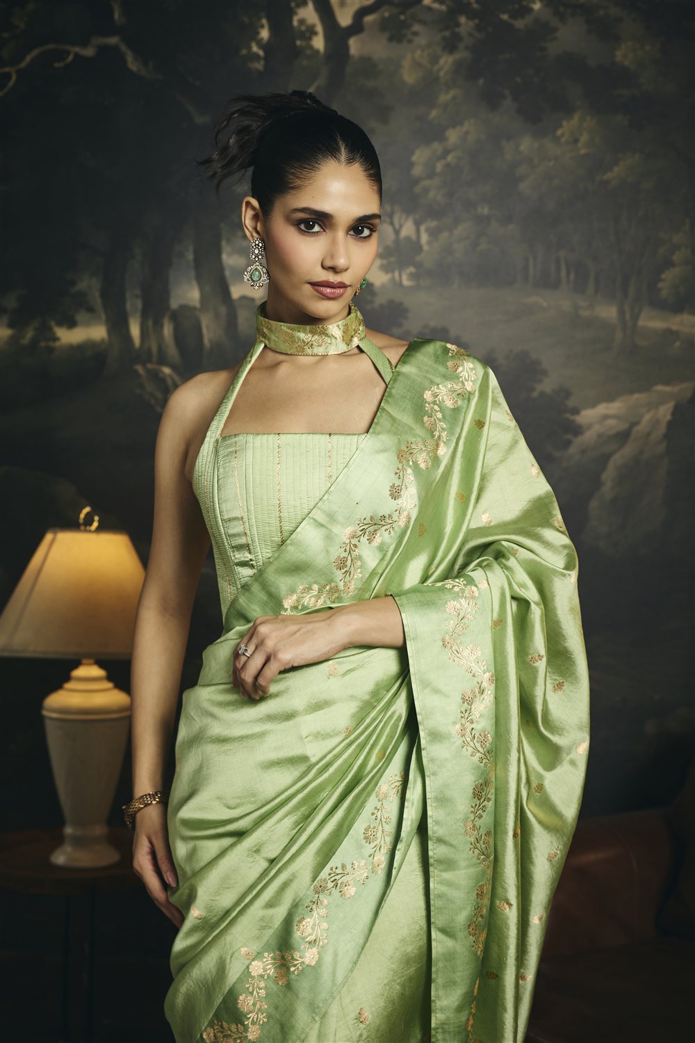 Pallavi Sage Green Raw Mango Banarasi Silk Corset Saree Set