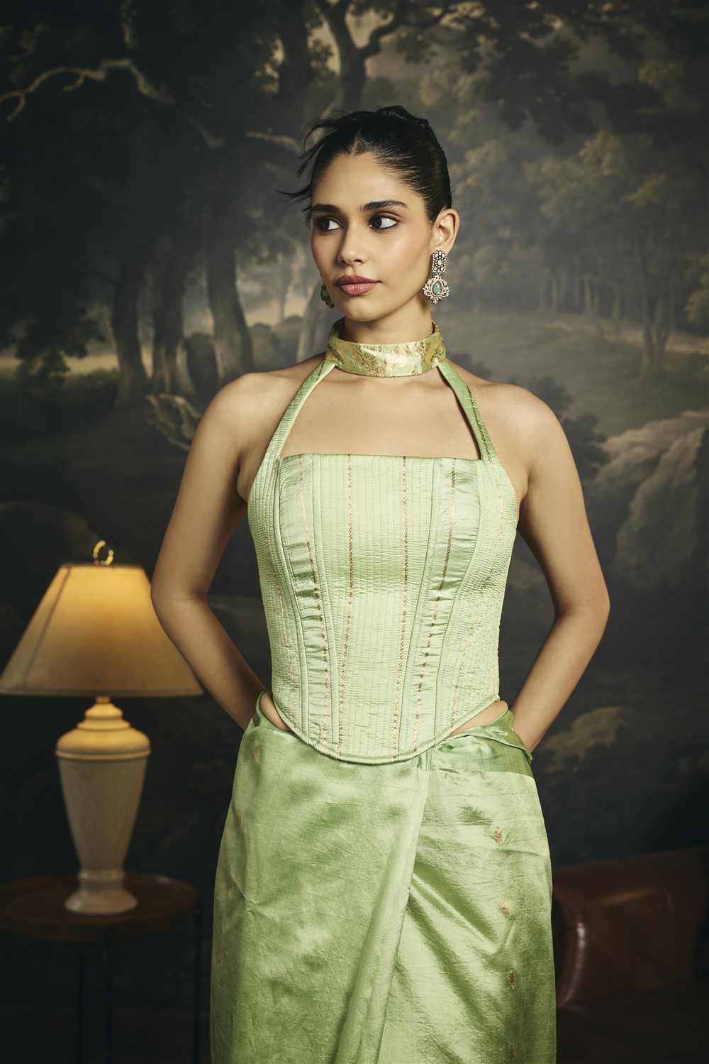 Pallavi Sage Green Raw Mango Banarasi Silk Corset Saree Set