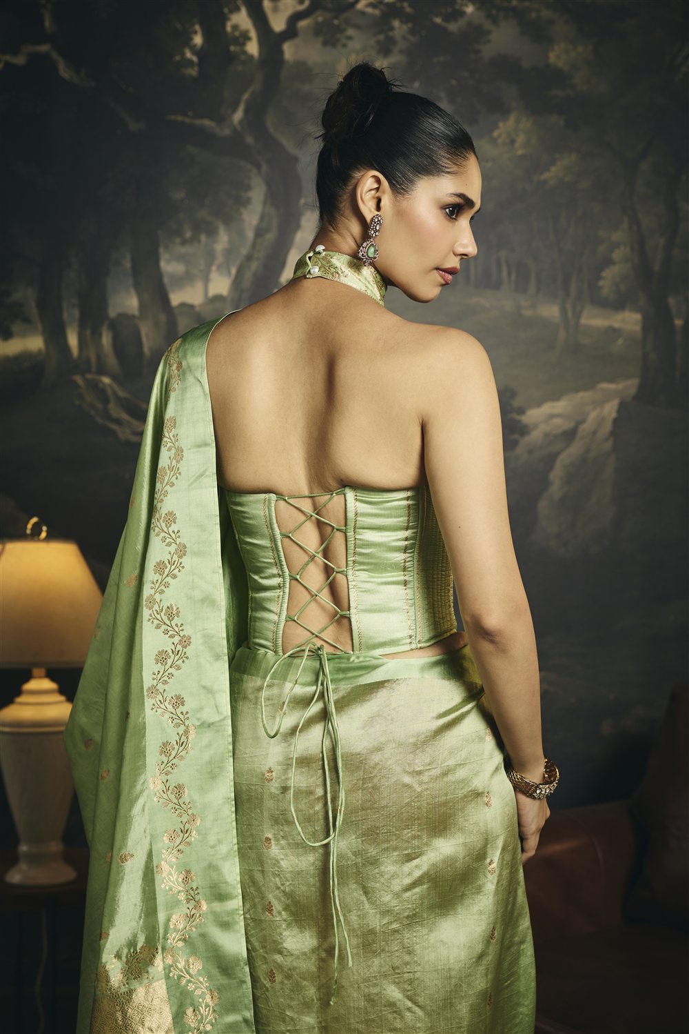 Pallavi Sage Green Raw Mango Banarasi Silk Corset Saree Set