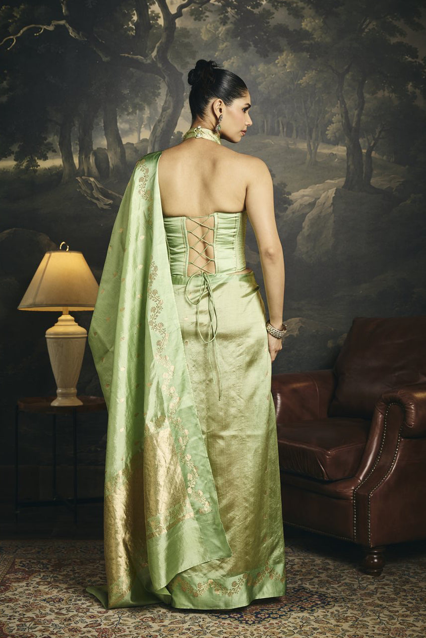 Pallavi Sage Green Raw Mango Banarasi Silk Corset Saree Set