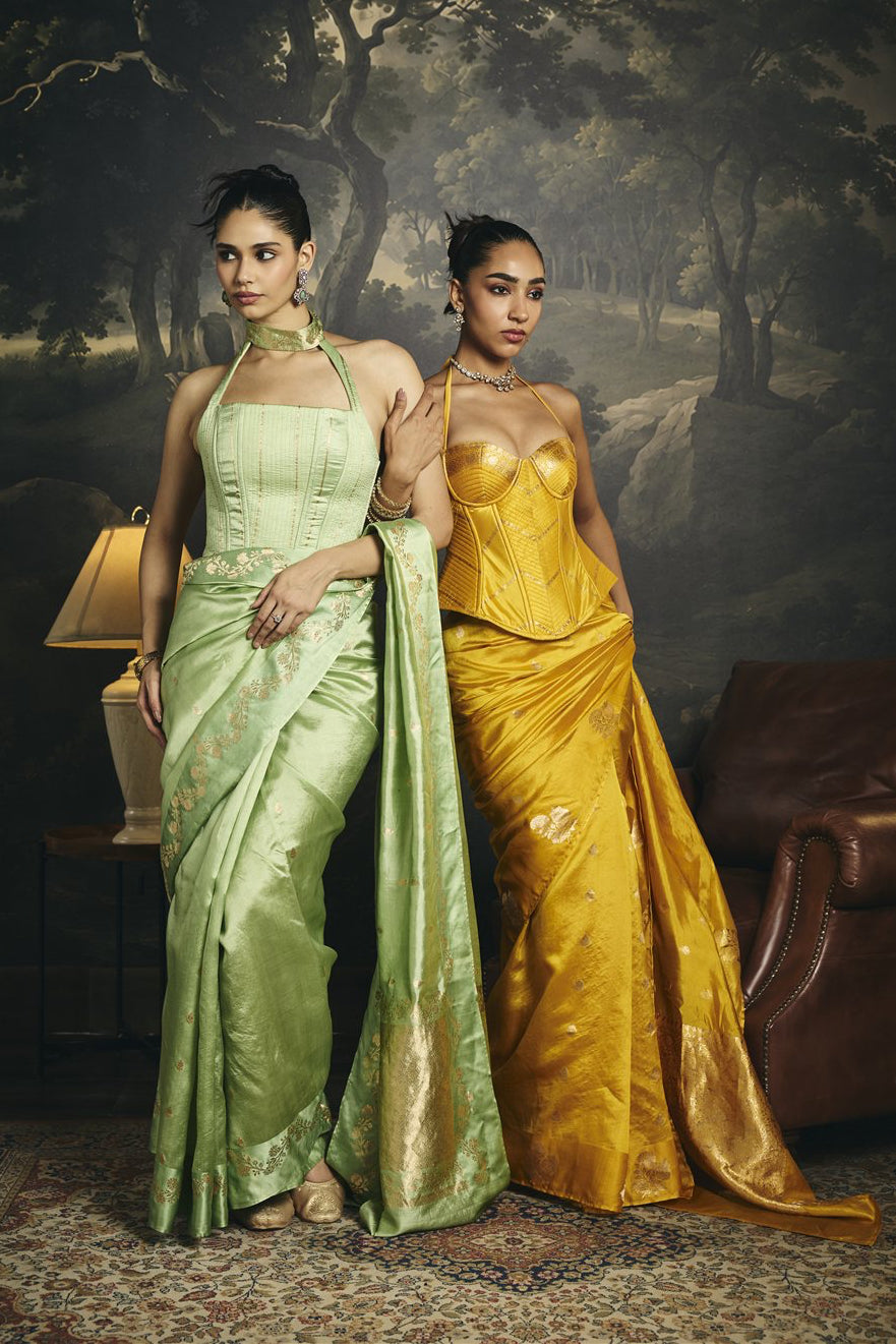 Swarna Yellow Raw Mango Banarasi Silk Corset Saree Set