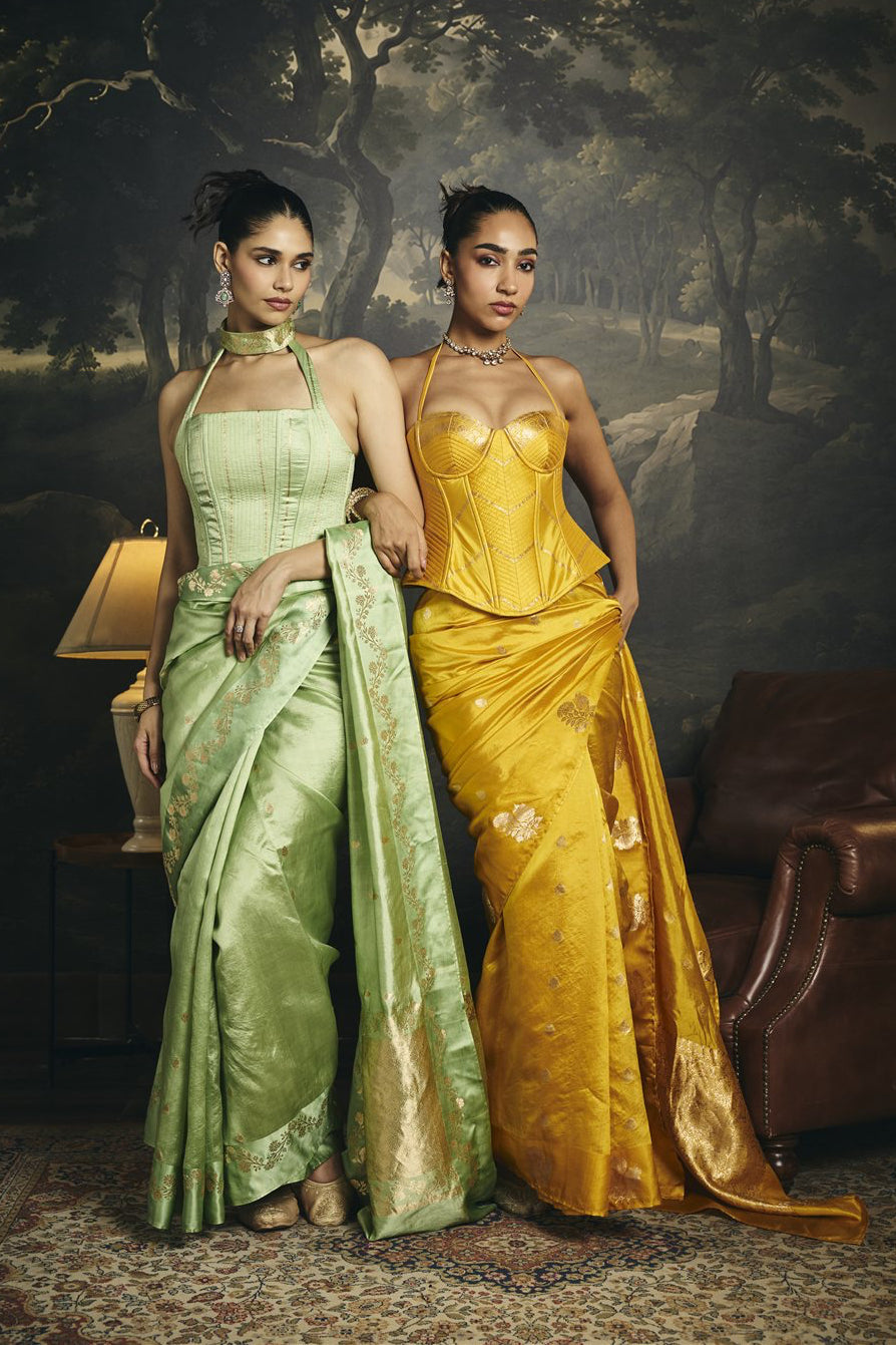 Pallavi Sage Green Raw Mango Banarasi Silk Corset Saree Set