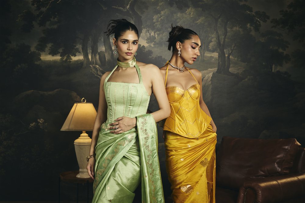 Pallavi Sage Green Raw Mango Banarasi Silk Corset Saree Set