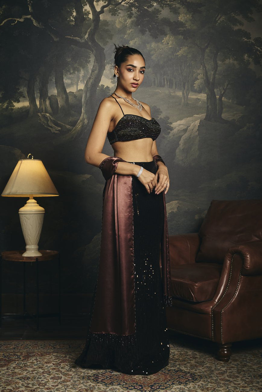 Tamisra Brown Embroidered Sequin Mermaid Lehenga Set