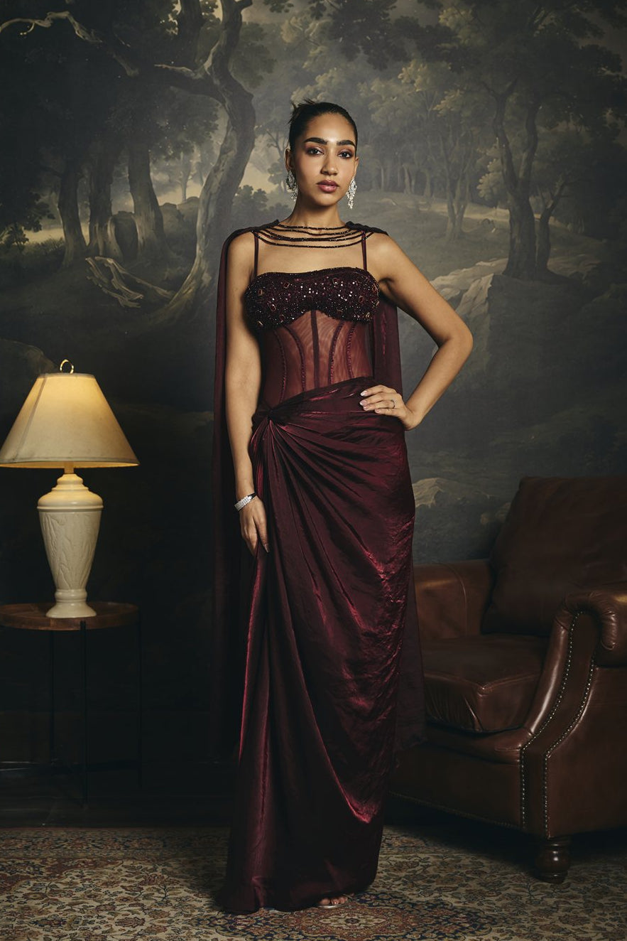 Alisha Burgundy Pre-Draped Corset Saree Gown