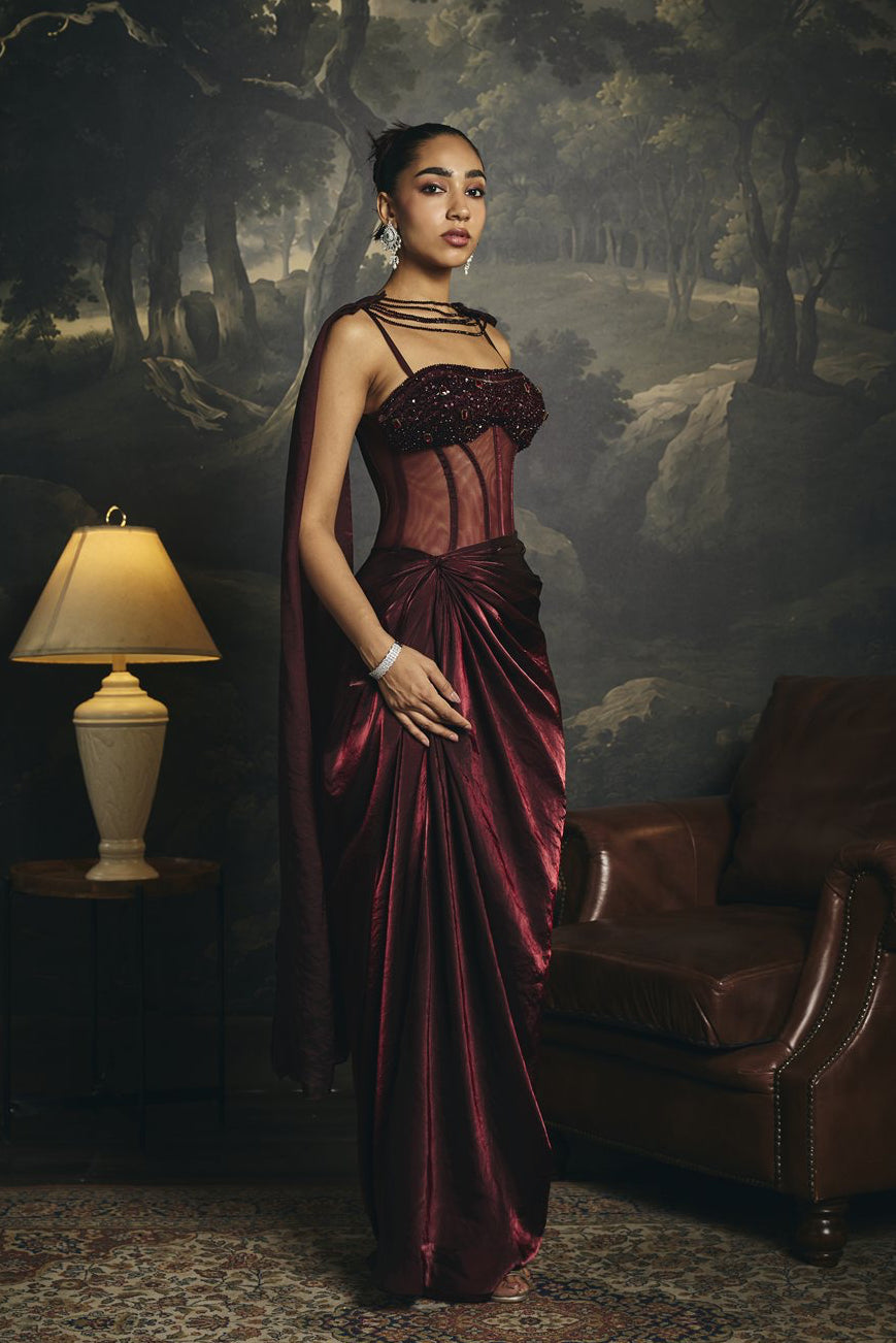Alisha Burgundy Pre-Draped Corset Saree Gown
