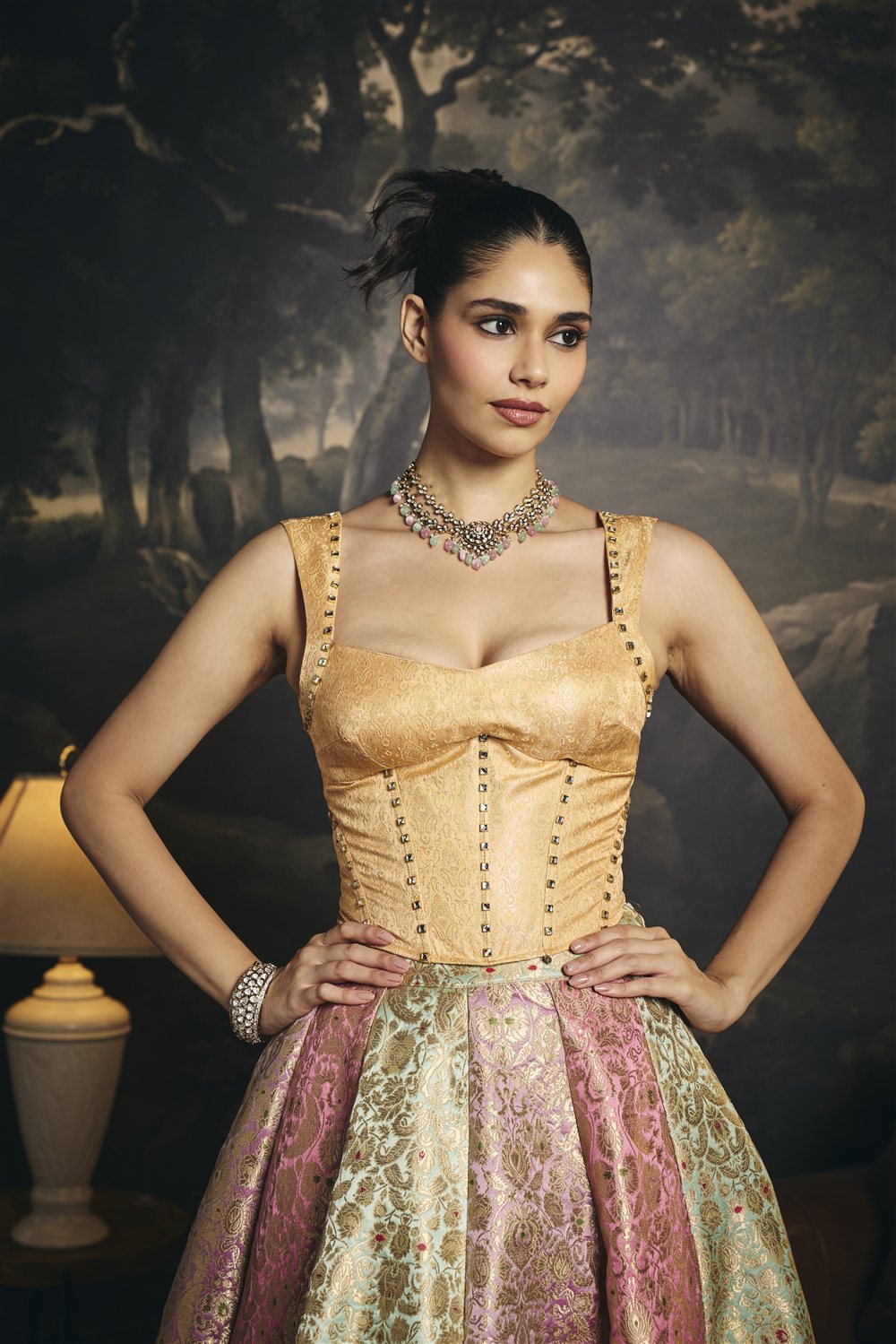 Pakshi Golden Brocade Mirror Embellished Corset Blouse