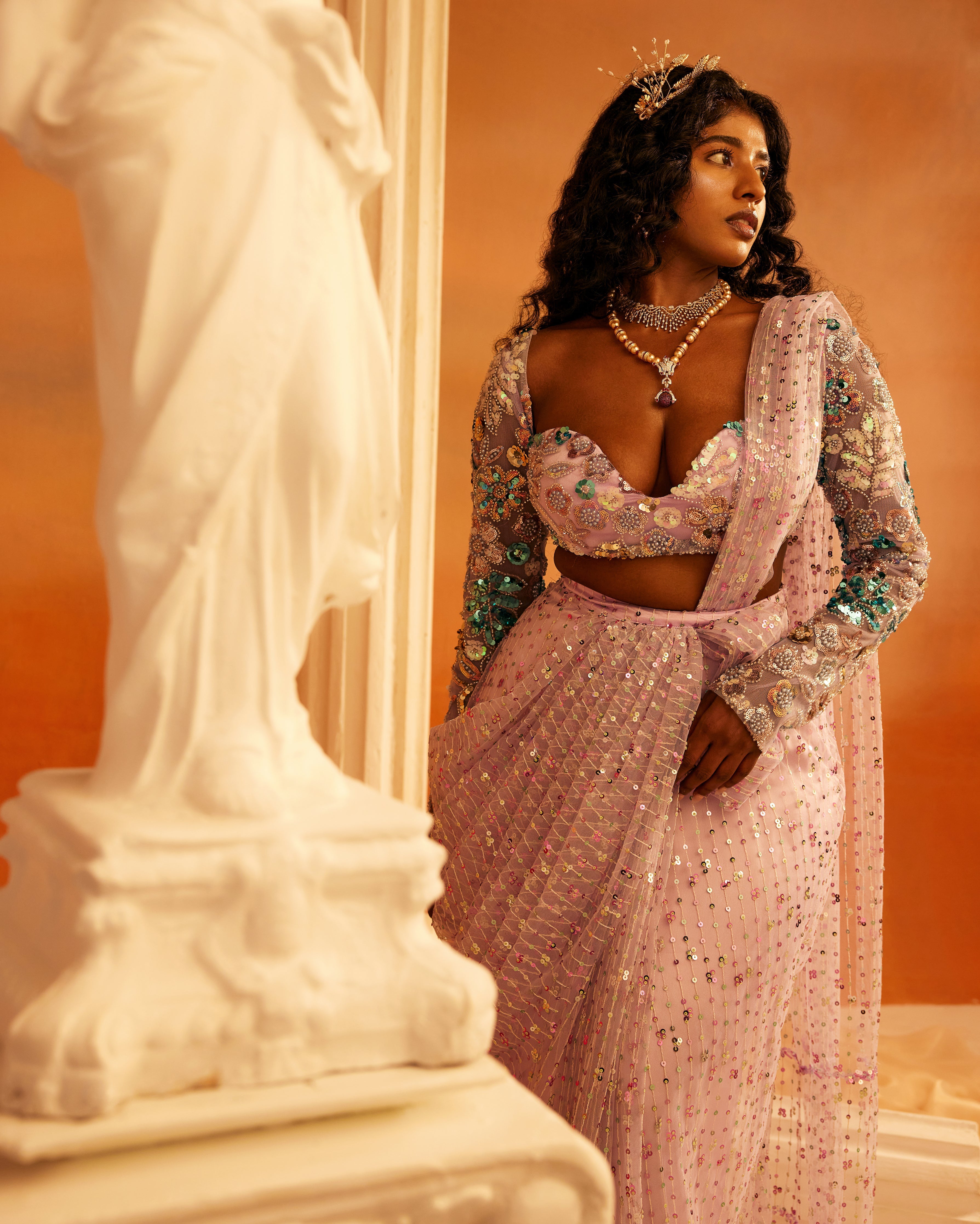 Lavender Embroidered Saree Set