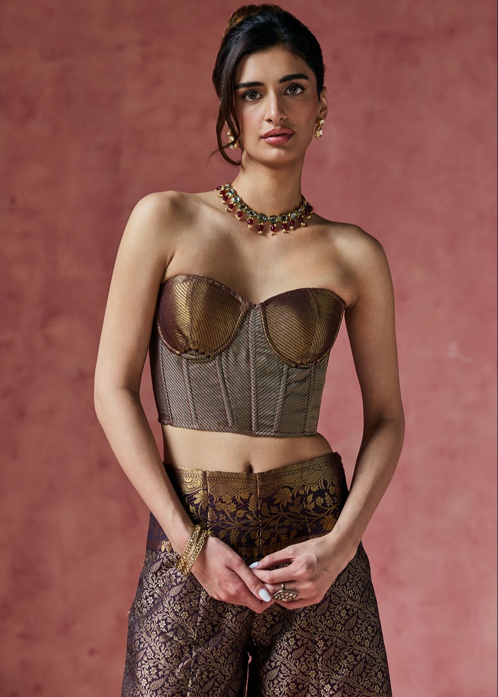 Kashira Bronze Banarasi Corset and Sharara Set